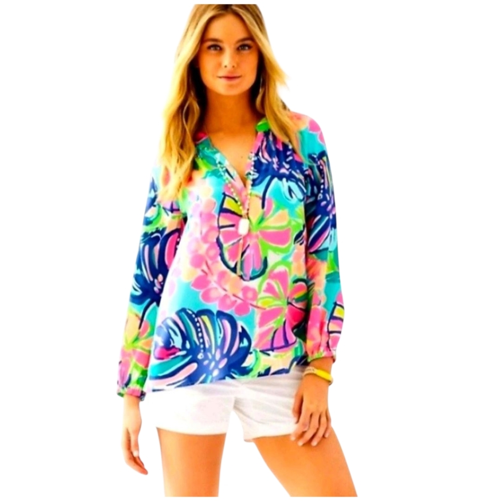 Lilly Pulitzer Elsa Silk Blouse Exotic Garden Size Large Hard to Find